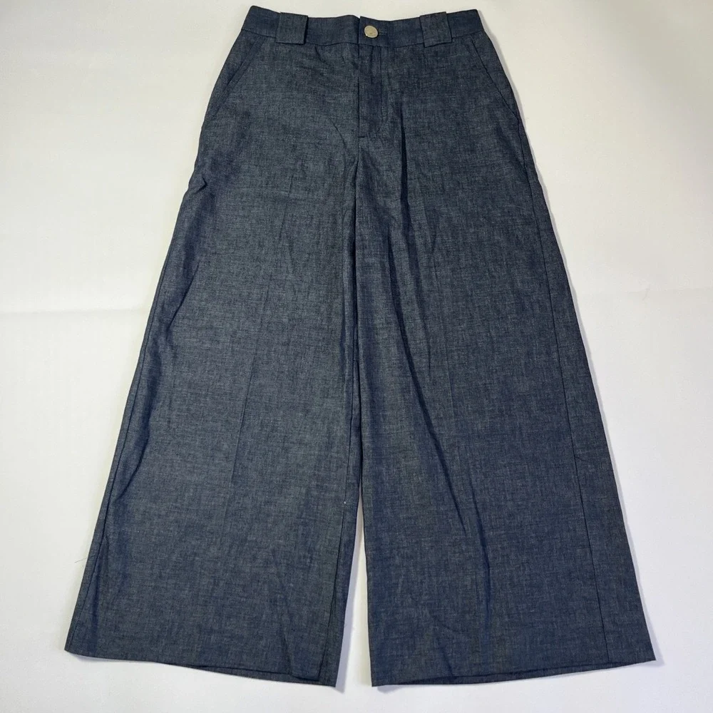 ZARA Women's Blue Linen Wide-Leg‎ Pants Pockets Solid Mid Rise XS